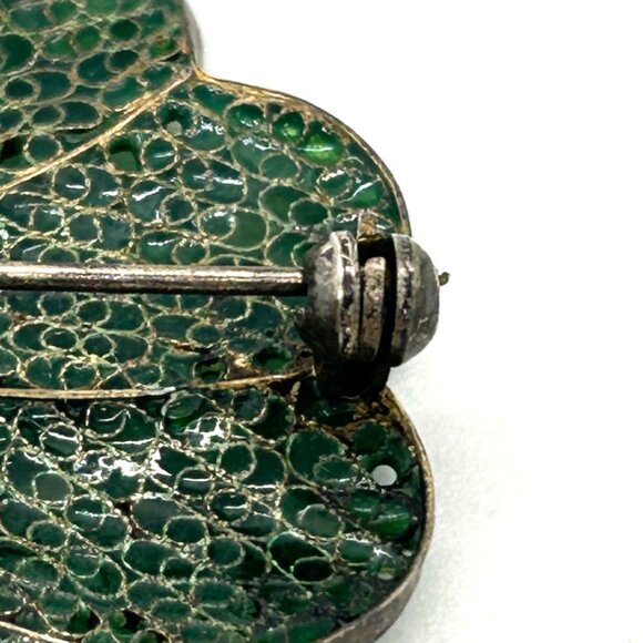 Vintage Art Deco Spider Brooch Green Leaf Flower 800 Silver Gold-tone Wash - Picture 9 of 16